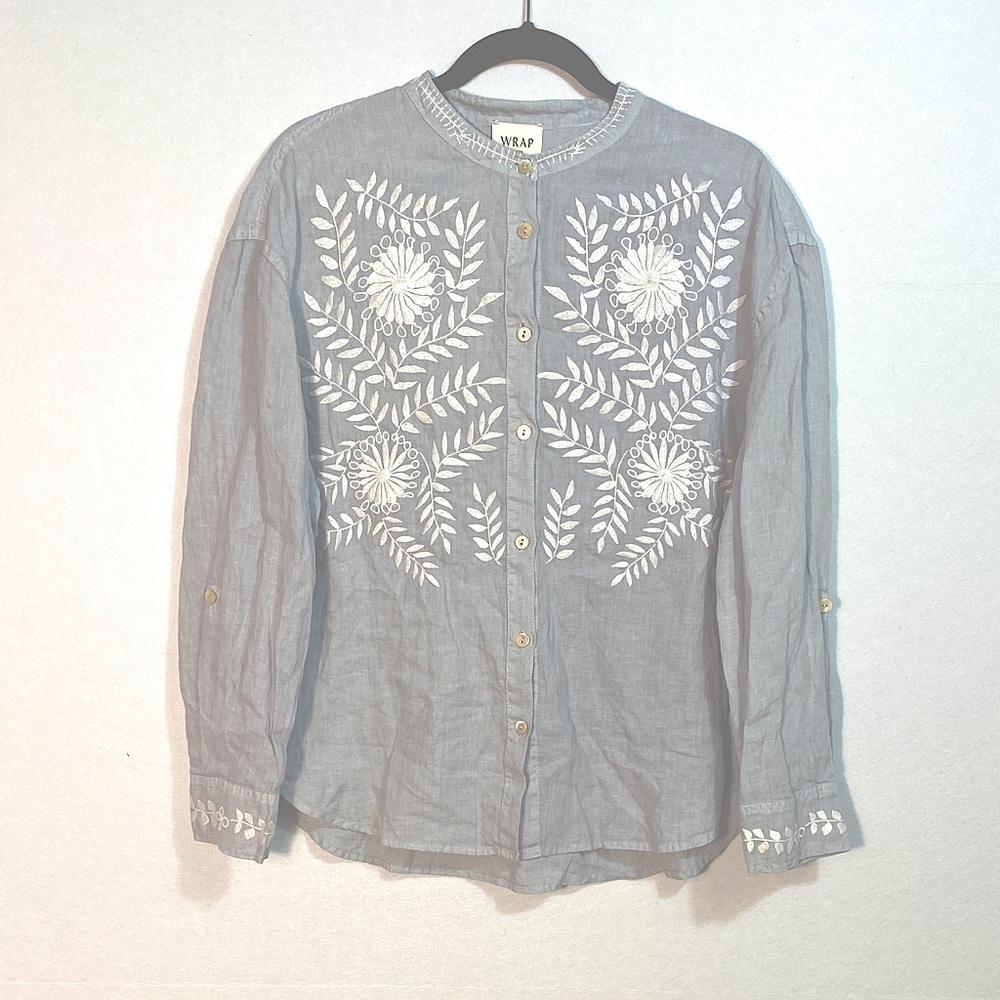 SALE! Wrap London 100% Linen Blouse Gray with White Embroidery size 12